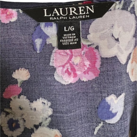 Lauren Ralph Lauren Navy Floral Women's Size Large V-Neck Ruffle Top - Picture 11 of 11